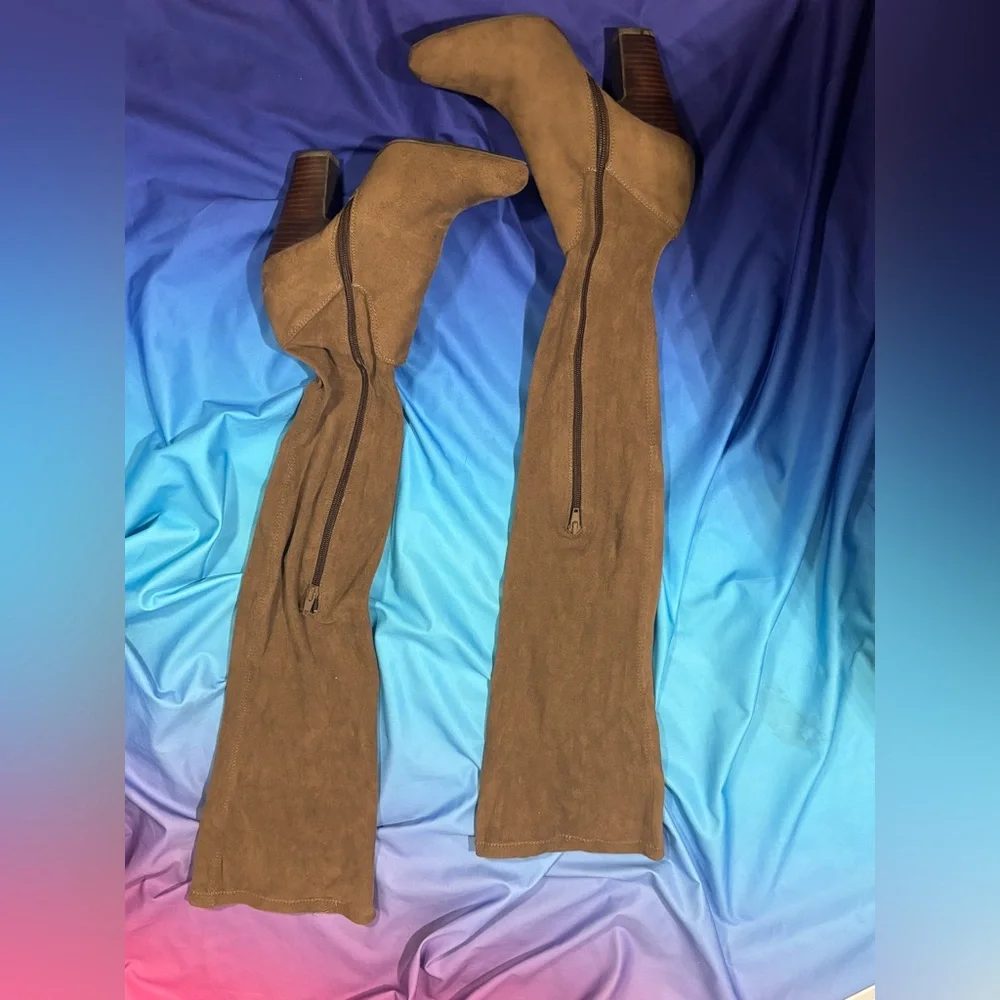 Well worn suede thigh high above knee boot heels MIA